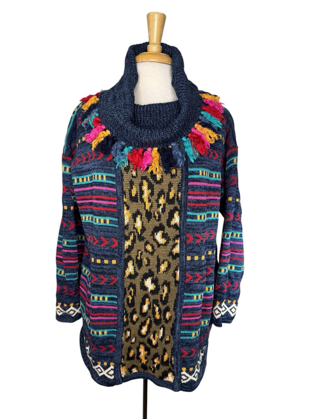Vintage 90s Colorful Stripe Animal Print Tasseled Turtleneck Sweater Size Medium
